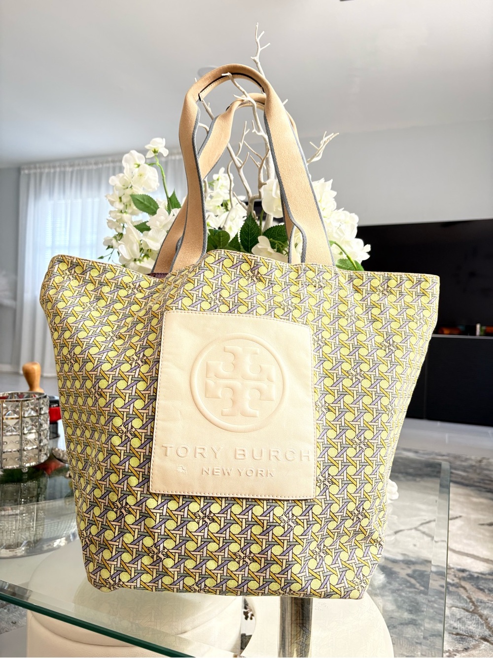 Tory Burch Yellow & Beige Patterned Canvas Tote - Picture 2 of 6